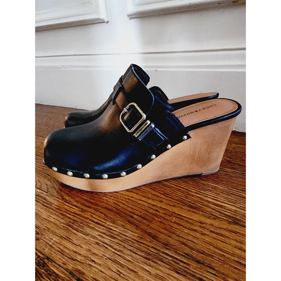 Lucky Brand Leather Wedge Clog Mules Black Studded Buckle Leather 9.5 - Picture 12 of 16